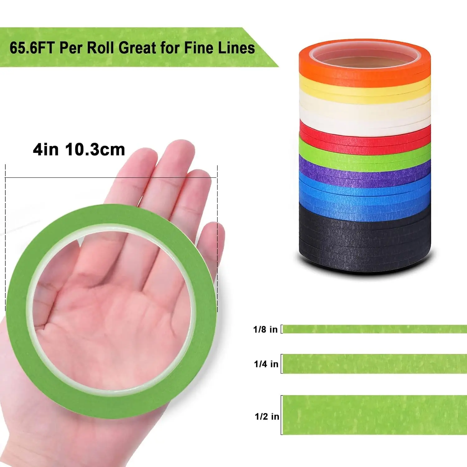8 Rolls Thin Painters Tape Total 176yards 1/8, 1/4, 1/2 inch Width Paint Masking Pinstriping Tape, DIY Art Tape, 3" Large Core Easy to Work for Big Projects