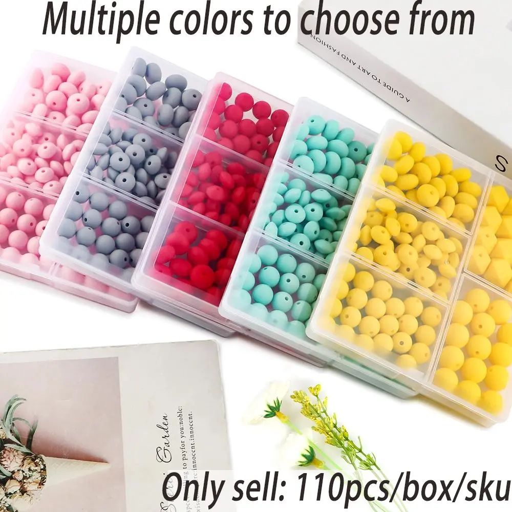 110Pcs/Box Silicone Bead Assortment Including Solid-color 12/15mm Round Beads Hexagonal Beads Abacus Beads and Flat Bean Beads Ideal for DIY Bracelets Necklaces Keychain Pendants and Phone Charms DIY Jewelry Making, DIY Beading Accessories