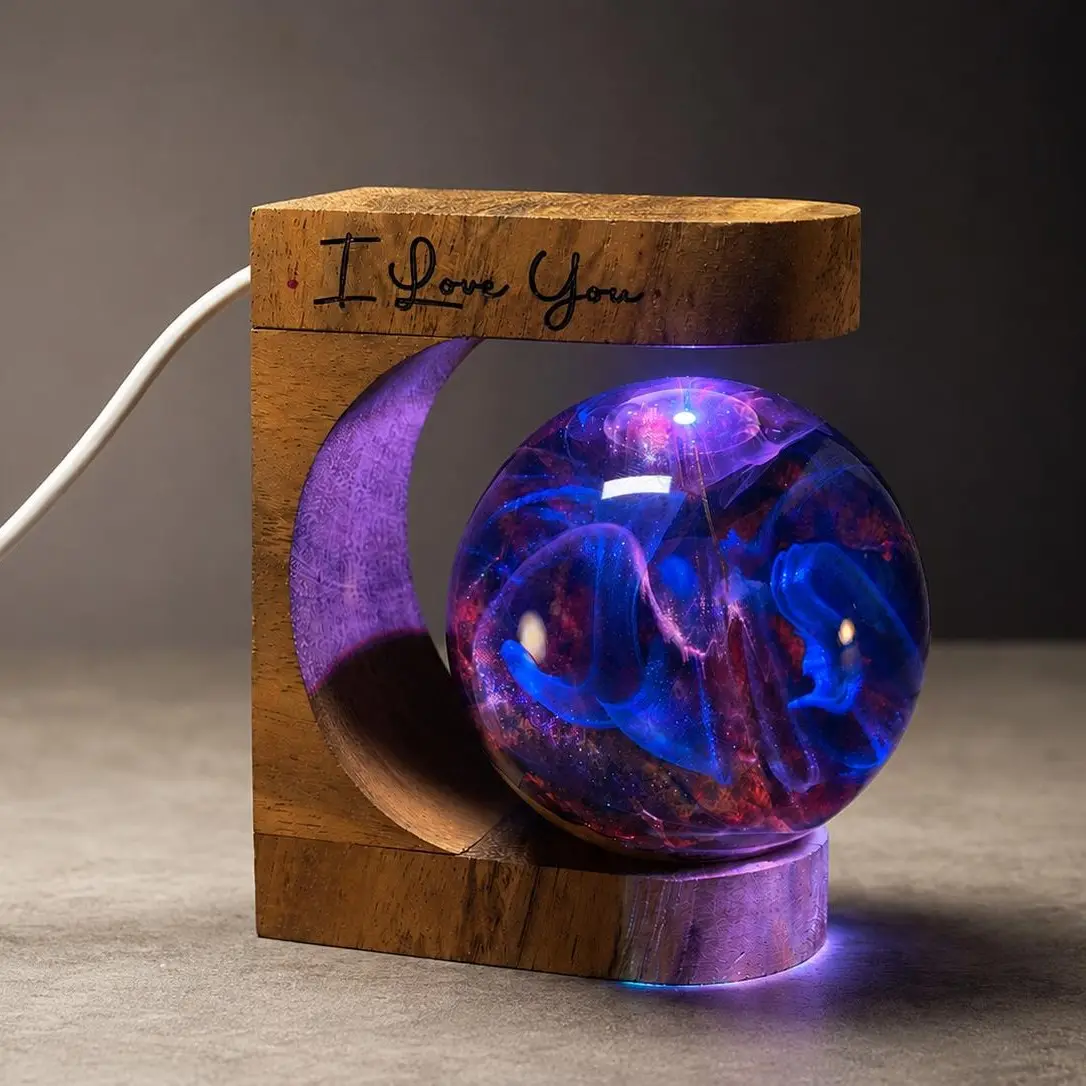 Handmade Galaxy Resin Sphere Lamp, Epoxy Resin LED Night Light, Wooden Base Table Lamp, Cosmic Nebula Home Decor, Bedroom Ambient Desk Light, Unique Gift for Women Men