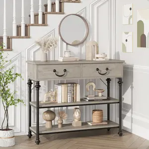 39" Retro Grey Farmhouse Entryway Console Table with 2 Drawers & Storage Shelves, Narrow Accent Sofa Table for Living Room, Hallway, Entrance & Foyer