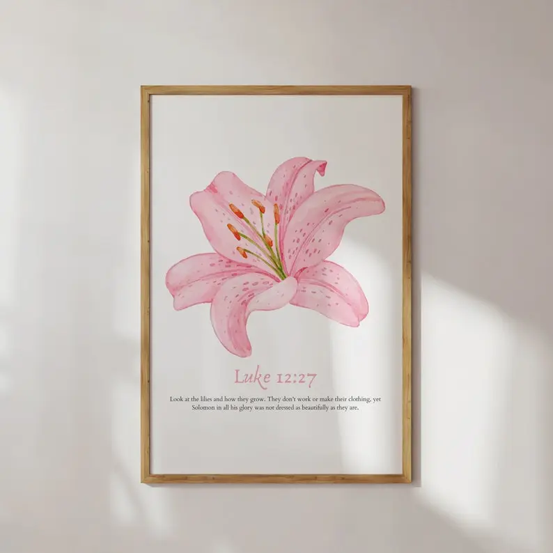 Unframe-Style Luke 12:27 Christian Scripture Lilies Art Poster - High-DPI, Waterproof, Blush Pink Floral Coquette Wall Decor, Kitchen Wall Art with Box, Artistic Home Supplies for Aesthetic Room Decoration (Posters & Prints)