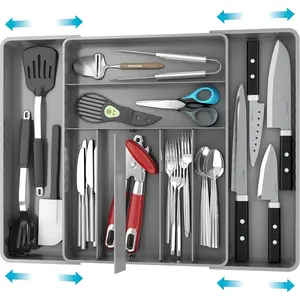 Expandable Kitchen Drawer Flatware Organizer Gray Adjustable Cutlery Tray with 9 Compartments for Utensils and Silverware
