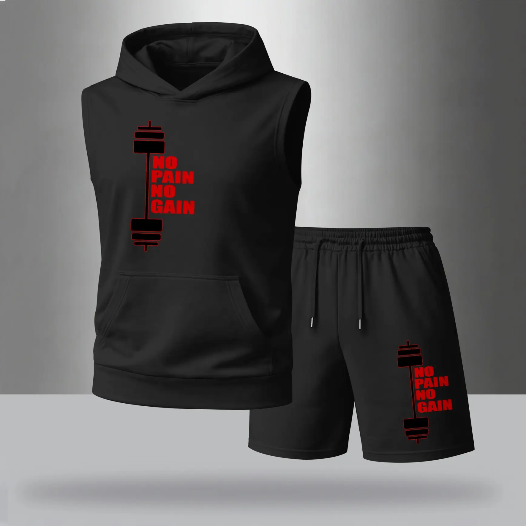Men’s 2-Piece Fitness Sleeveless Hoodie & Shorts Set - "No Pain No Gain" Dumbbell Graphic, Lightweight Breathable Sporty Style Athleisure Wear, Training Clothes for Summer Gym, Daily Wear, Sporty Style Outfits