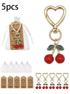 5 Piece Cherry Keychain Set with Heart Clip, Cute Alloy Cherry Pendant, Gift Bag Charm Accessory for Valentine's Day