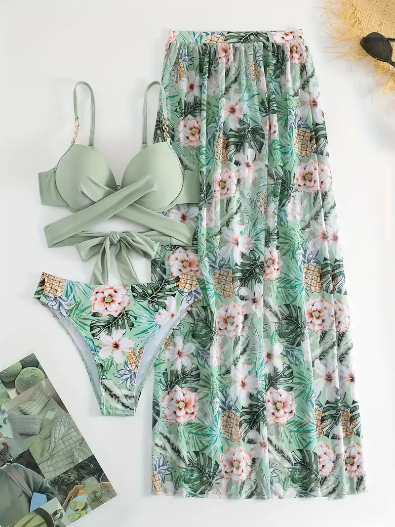 Women's 3-Piece Tropical Pineapple Print Swimsuit, Cross Wrap Underwire Bikini Top with Flowy Maxi Cover-Up Skirt Included, Elastane, Skirted, Pool Parties, Maxi Skirt Incl.
