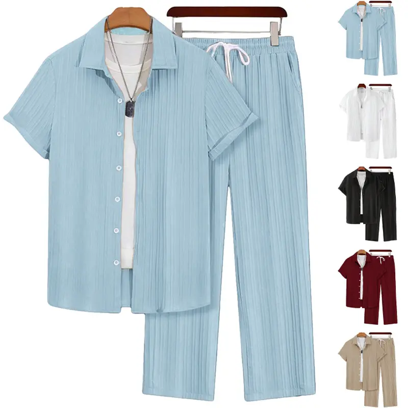 Men's 2-Piece Solid Vertical Stripe Casual Menswear Set - Short-Sleeve Button-Down Shirt with Button Detail, Loose Drawstring Long Pants, Summer Breathable Chic Look Daily Wear Outfit