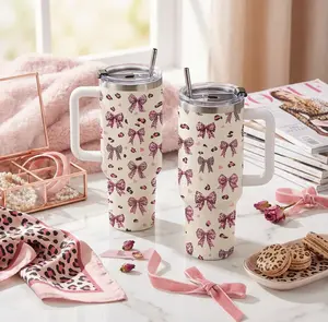 Pink Bow Leopard Tumbler with Handle 40oz Coquette Stainless Steel Insulated Travel Mug Cute Gift for Women Valentine Aesthetic Cup Durable Reusable Easy Clean