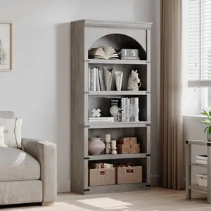 69Inch Farmhouse Arched Bookshelf, Tall Bookcase w/Arche Design, Wooden Arch Book Shelf with Wooden Base, 5 Tier Bookshelves Rustic Vintage Book Shelf for Office Library Living Room