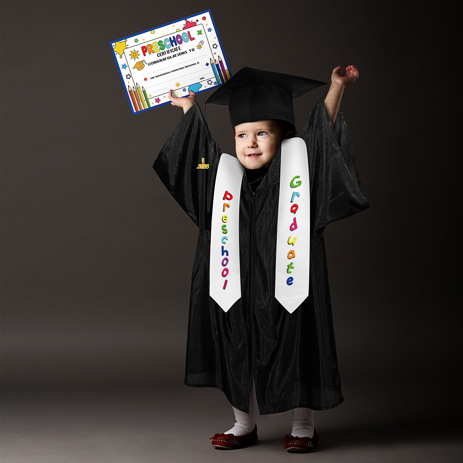 4 pcs Kindergarten Preschool Class Graduation Gown Set Cap Gown Stole with 2026 Tassel and Certificate for Toddler Kids Classmates or Friends Student Graduation School Supplies