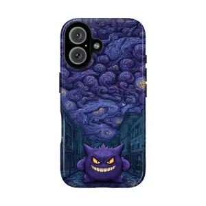 Poke Phone Case, Starry Night Inspired Glowing Eyes Dark Street Buildings Swirling Sky Artistic Pop Culture Retro Anime Collage Aesthetic Gift Fashion Vibes, iPhone 17 16 15 14 13 12 Pro Max Plus X, Galaxy S25 S24 S23 S22 S21 Ultra