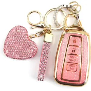 Toyota Key Fob Cover 2018-2024 Highlander RAV4 Camry Bling Pink Heart Diamond Keychain 4 Buttons Car Key Holder Smart Key Protector for Women