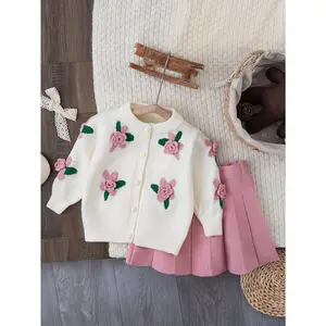 Easter Girls' Sweater Outfit, Cute Autumn/Winter Knitted Set with 3D Flower Embroidery, Crew Neck Cardigan and Knitted Skirt, Suitable Outdoor Vacations, Camping, and Outings, Holiday Gift Girls LJJ202-1265
