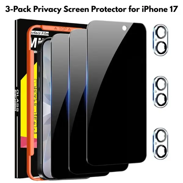 3-Pack Privacy Screen Protector for iPhone 17 – Anti-Spy Tempered Glass (Case Friendly) + Camera Lens Protector, Easy Install Mounting Frame, Black