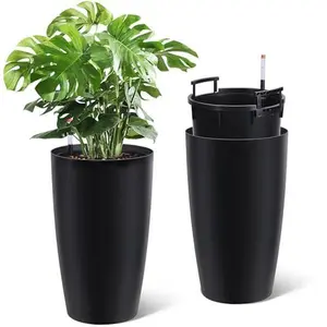 Set of 2 Tall Planters for Outdoor Plants, 22 in Large Planters for Outdoor Indoor Plants with Water Level Monitor ＆ Inner Bucket, Automatic Watering, for Porch, Patio, Backyard, Black
