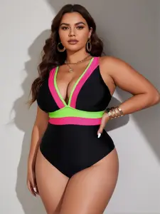 Plus Size Black & Neon Pink Green Color Block One Piece Swimsuit – V Neck Tummy Control Swimwear