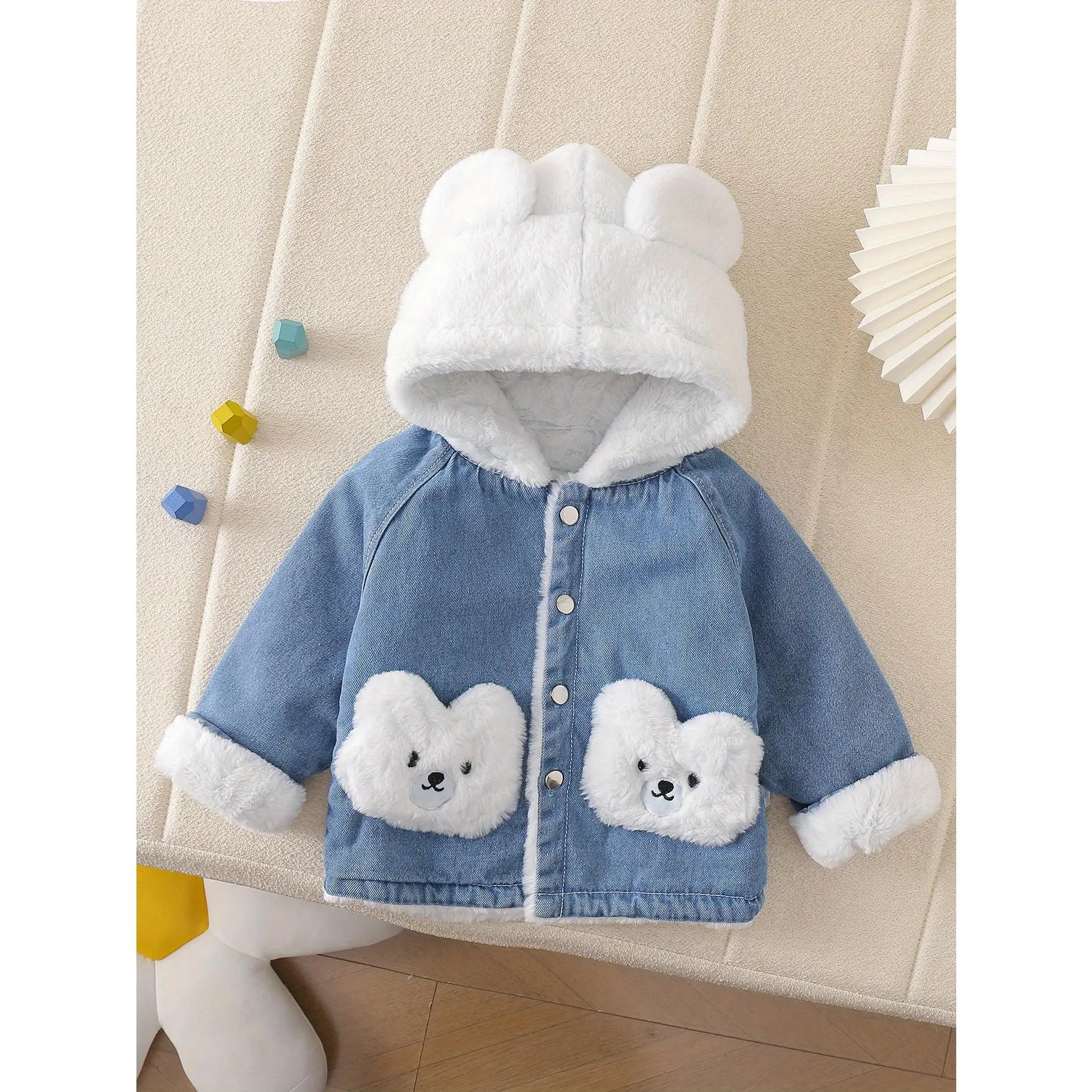 1pc Embroidered Bear Fleece-Lined Faux Denim Jacket for Boys and Girls, Pink or White, Fashionable Thickened Autumn/Winter Coat