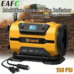 [EAFC Portable Tire Inflator] 150PSI Portable High Pressure Pump Tire Inflator - Dual Power 110V AC & 12V DC Air Compressor with Digital Gauge & LED Light, Compact Design for Cars/SUVs/Boats/Bicycles/Motorcycles, Sleek Metallic Finish, Durable Constru