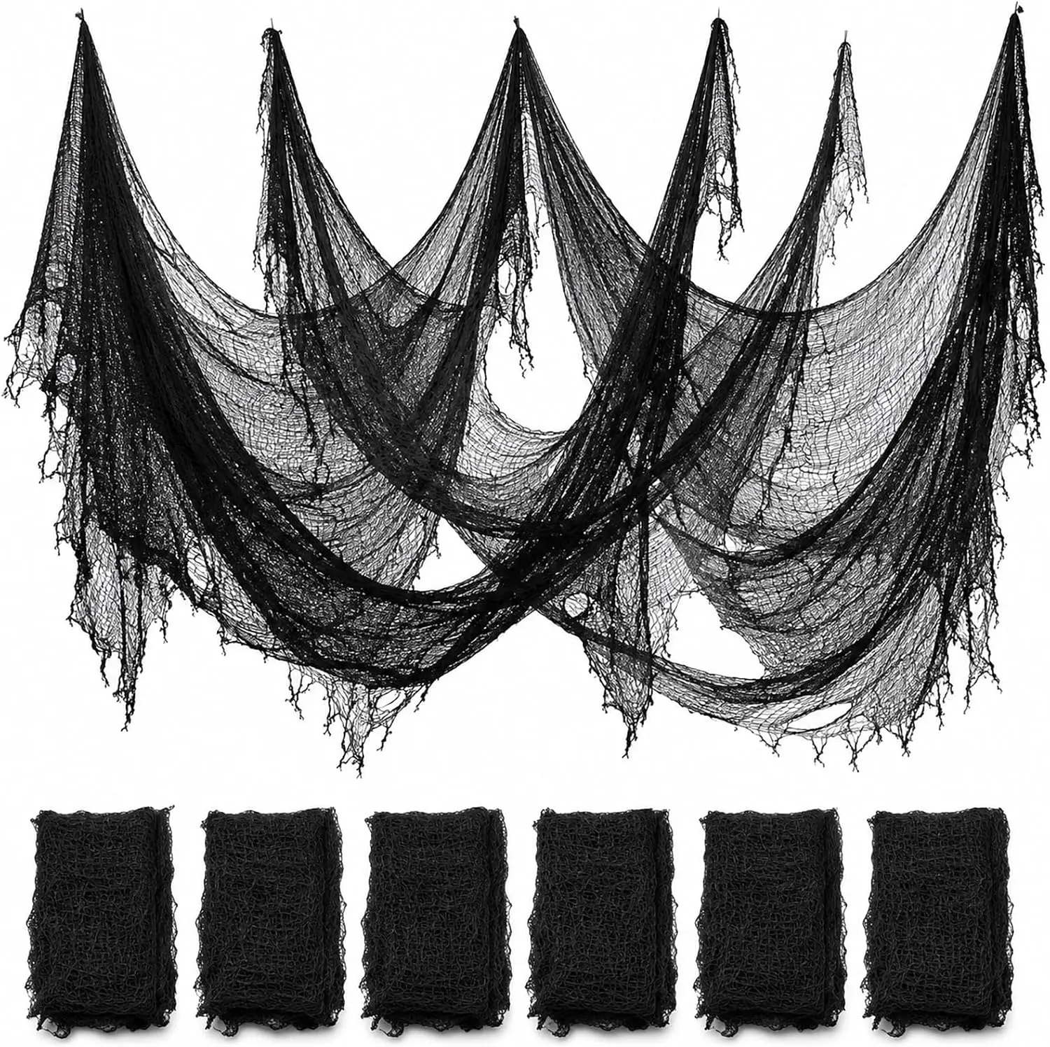 6-Pack Black Halloween Creepy Cloth, 30x75in Large Spider Web Gauze Decor - Spooky Cheesecloth Hanging Ornament for Halloween Party Supplies, Haunted House