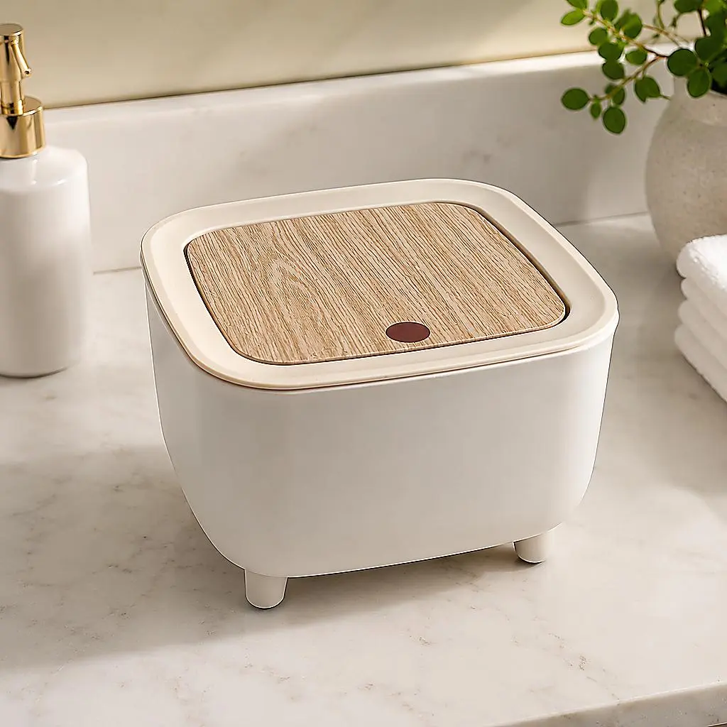 Light Scandinavian Woody Rabbit Mini Square Plastic Press-Top Desktop Can - Wood Grain Odor-Lock Lid, Compact Touchless Sensor Bin for Home Organization, Small Apartment Counter Tissue & Beauty Storage