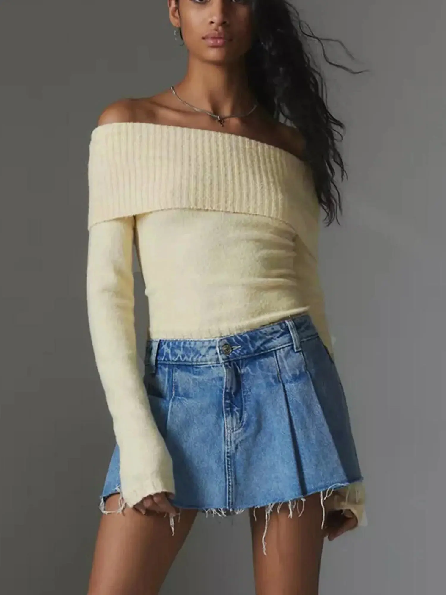 Aurora Off The Shoulder Knit Sweater- beige Fabric Womenswear