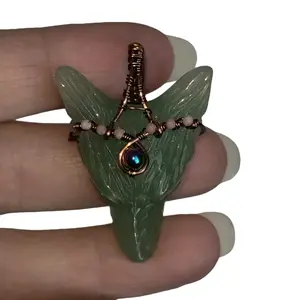 Green Aventurine Wolf Pendant with Phosphosiderite & Titanium Aura Terahertz Crown Wrapped in Tarnish Resistant Antiqued Copper Wire Jewelry