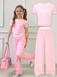 Girls' Bow Tie Long Pants Set, Summer T-Shirt & Loose Straight Leg Pants, Casual Fashion Wide Leg Shorts Two-Piece Set for Kids Casual Outfit Set Clothes Kids