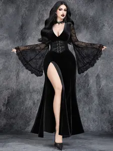 Gothic Deep V Lace Patchwork Velvet Split Fitted Dress, Elegant Long Sleeve Party Gown, Fall & Winter Fashion, Women's Clothing, Womenswear