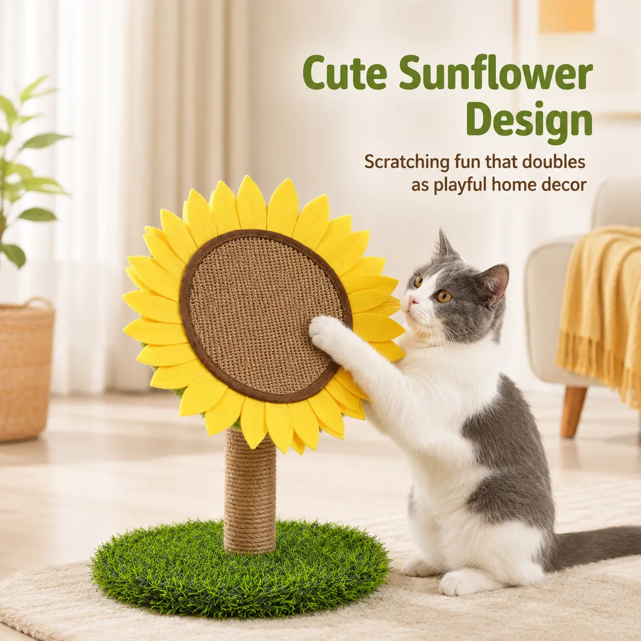 Sunflower Cat Scratching Post with Sisal Covered, Cat Claw Scratcher Pole for Kitten, Flower Cat Tree Furniture Scratch Post