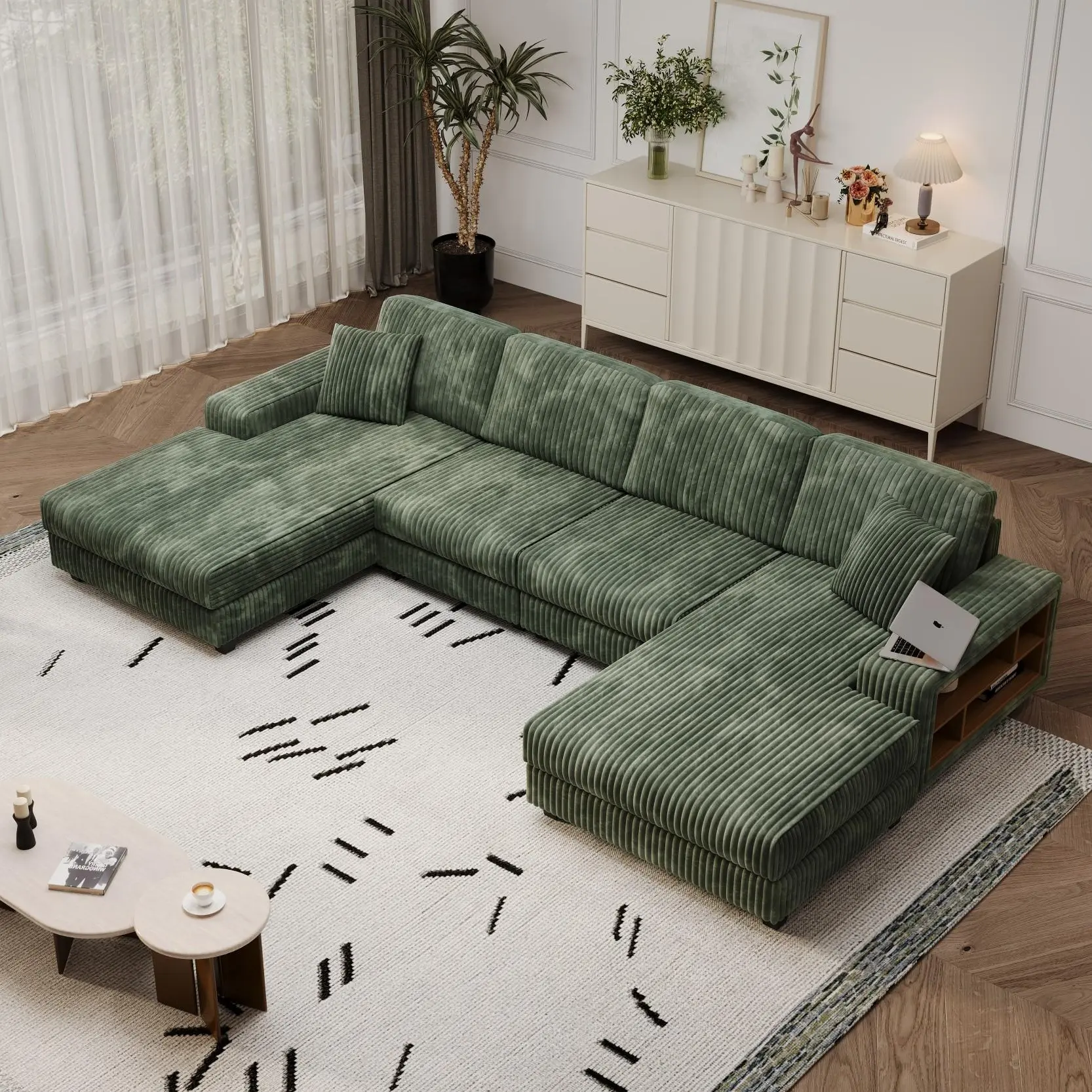 Eyisean 137" Corduroy Modern Modular Sectional Sofa, Oversized Convertible U-Shaped Couch with Storage Armrest Cabinet & Deep Seat, Chaise Longue & Pillow, 4-Seat Upholstered Combination Couches for Living Room, Easy Assembly