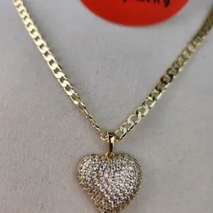 192 - Heart Diamonds pendant with cuban/figaro chain 14K Goldplated