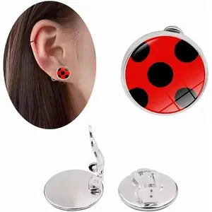Ladybug Earrings Clip on Earrings No Pierced Ladybird Design Jewellery with Silver Ear Cuff Black Spot Red Charm for Girl woman Cosplay Ear Hoop