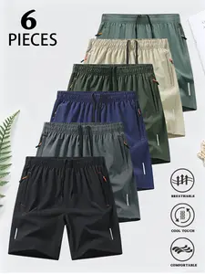 6-piece set: men’s shorts with zippered pockets, summer ice silk beach shorts, cool-feel quick-dry sports casual shorts, lightweight basketball shorts, men’s reflective stripe design, solid-color pants suitable for running and fitness. color short  wear