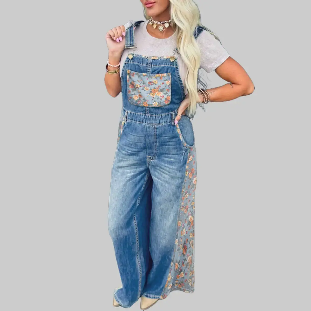【Size runs small, order one size up】Women's Retro Vibe Peacock Blue Floral Patchwork Bib Denim Wide Leg Overalls - Strappy Adjustable Straps, Pocketed Design, Cotton Fabric for Stylish Comfort, Lady's Jumpsuit