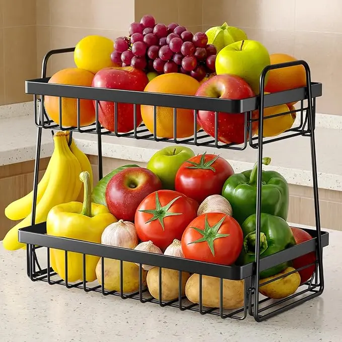 fruit Basket for Kitchen Counter - 2-Tier Fruit Bowl with Removable B4anana Hanger & Handles, Rustproof Fruit Holder for Kitchen, Living Room, Bathroom, 13.4"×8.7"×11.7", Black