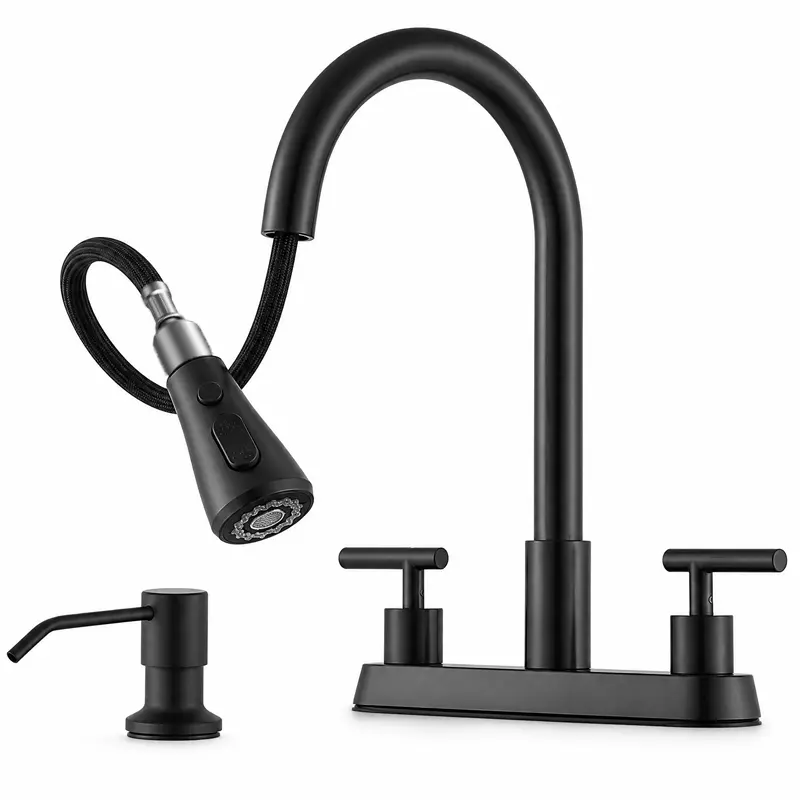 Matte Black Kitchen Sink Faucet with Soap Dispenser, 4'' Centerset 3 or 4 Holes Kitchen Sink Faucet with Pull Down Sprayer, Lead-Free High Arc Modern Pull Out Showerhead Mixer Tap for 3-4 Hole Standard Sinks RV Restaurant, Matte Black & Brushed Nickel