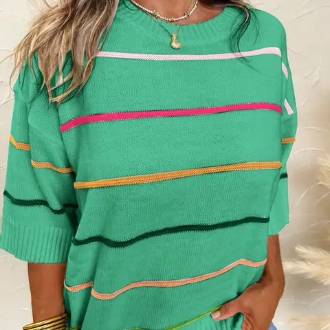Women's Multicolor Striped Drop Shoulder Half Sleeve Knit Sweater Fitted, Casual Round Neck Ribbed Pullover for Daily Wear Knitwear Fitted Knitwear Top Casual Basic Knitwear