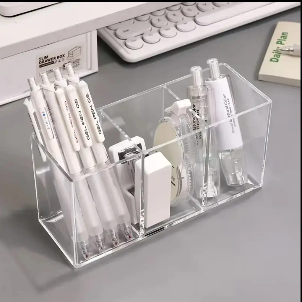 Clear Acrylic Makeup Storage Box for Eyebrow Pencils & Brushes, Transparent Cosmetic Organizer with Multiple Compartments, Desk Pen Holder, Multi Compartment Design