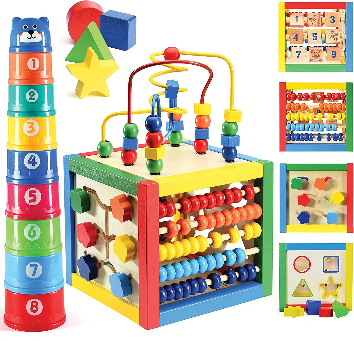 Wooden Activity Cube with Bead Maze, Shape Sorter, Abacus Counting Beads, Counting Numbers, Sliding Shapes - 5 in 1 Stacking Toy - Play22