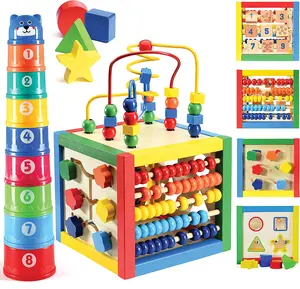 Wooden Activity Cube with Bead Maze, Shape Sorter, Abacus Counting Beads, Counting Numbers, Sliding Shapes - 5 in 1 Stacking Toy - Play22