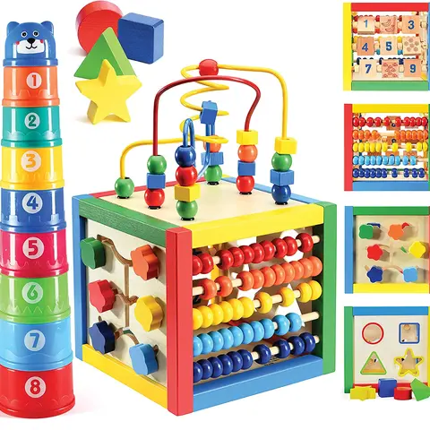 Wooden Activity Cube with Bead Maze, Shape Sorter, Abacus Counting Beads, Counting Numbers, Sliding Shapes - 5 in 1 Stacking Toy - Play22