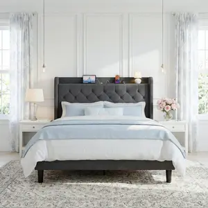 SHA CERLIN Tufted Button Platform Bed Frame with USB Ports and Storage Shelf Velvet or Linen Full Queen King