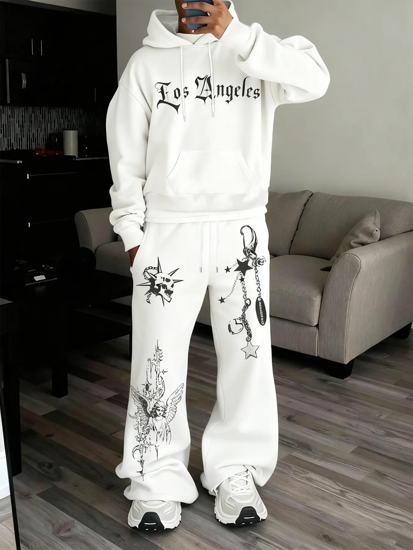 Men's Fall Winter Sports Set, Hooded Sweatshirt and Pants Two-Piece, Letter Print, Street Fashion Casual Sport Outdoor School Hip-Hop, Streetwear Tracksuit Set