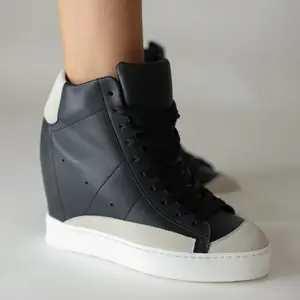 Women's Black Hidden Wedge Sneakers | Trending Lace-Up Trainer Sneakers - Lightweight High Top Sports Shoes - Fashion Casual Streetwear Style