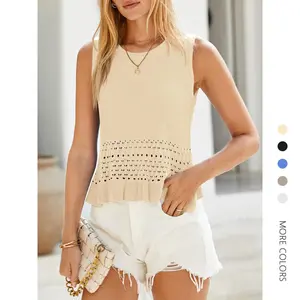 Women's Crochet Crop Tank Top - Sleeveless Round Neck Ruffle, Lady's Comfortable Boho Clothes, Soft Knit Lightweight Casual Summer Vest, 1-Piece Womenswear