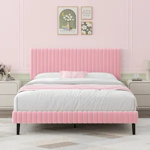 Upholstered  Frame, Velvet Upholstered  Frame With Headboard And Footboard, Vertical Channel Tufted Headboard, White/ Black/ Pink/ Green/ Blue, Twin/ Full/ Queen/ King LED Cloud Bed