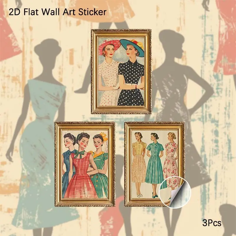 2D Flat Wall Art, 3Pcs PVC Self-Adhesive Framed Wallpaper Sticker, Vintage 1950s Fashion Woman Wall Decals, Retro Mid-Century Style Portrait Decor for Living Room, Bedroom, Office, Dorm, Perfect Gift for Fashion Lovers, Retro Enthusiasts