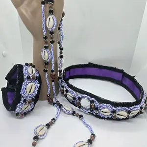 Orisha Azojano Afimalle Set - Adjustable Head Cacha, Hand/Foot Cacha, 22" Beaded Shell Necklace & Bracelet, Purple Shell Design