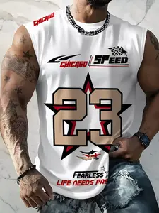 Men's Casual Fashion Sleeveless Sports Vest, Athletic Tank Top, Digital Print Race Number '23' & 'chicago Speed', Breathable Slim Fit, Summer Outdoor Workout
