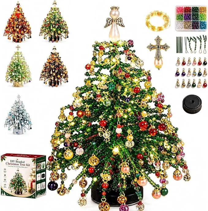 Beaded Christmas Tree Kit, DIY Beaded Christmas Tree with String Lights