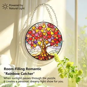 82-Piece Round Acrylic Jigsaw Puzzle Suncatcher, Colorful Tree of Life Window Hanging Decor with Chain & Stand, Dual-Use (Hang or Display) for Home & Garden, Perfect Suncatcher Gift